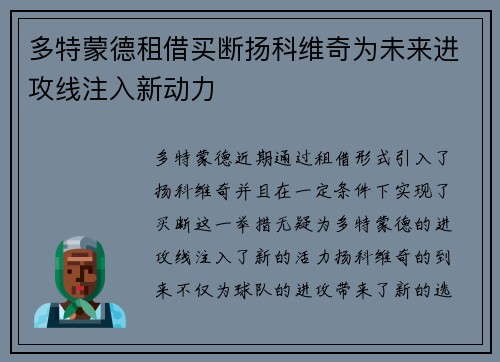 多特蒙德租借买断扬科维奇为未来进攻线注入新动力